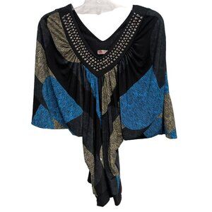 VTG Y2K Latina Womens Blouse Medium Black BLue Studded Dolman Retro Clubwear Top